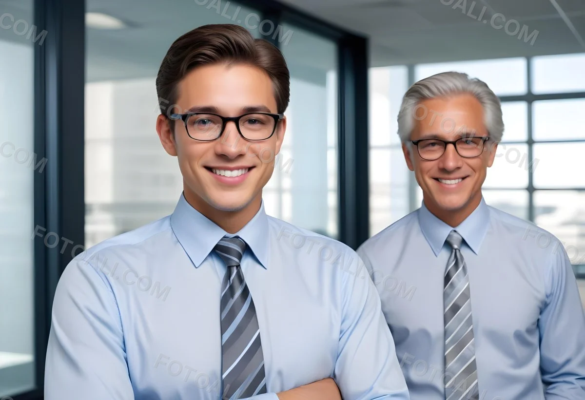 Young Adult Male With Light Skin And Dark Hair Wearing Glasses And A Light Blue Dress Shirt With A Gray Tie Smiling While Adjusting His Glasses An Older Male With Gray Hair Wearing A Light Blue Dress Shirt And A S 4 239b