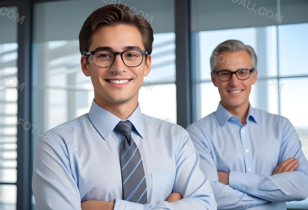 Young Adult Male With Light Skin And Dark Hair Wearing Glasses And A Light Blue Dress Shirt With A Gray Tie Smiling While Adjusting His Glasses An Older Male With Gray Hair Wearing A Light Blue Dress Shirt And A S 5 8f58