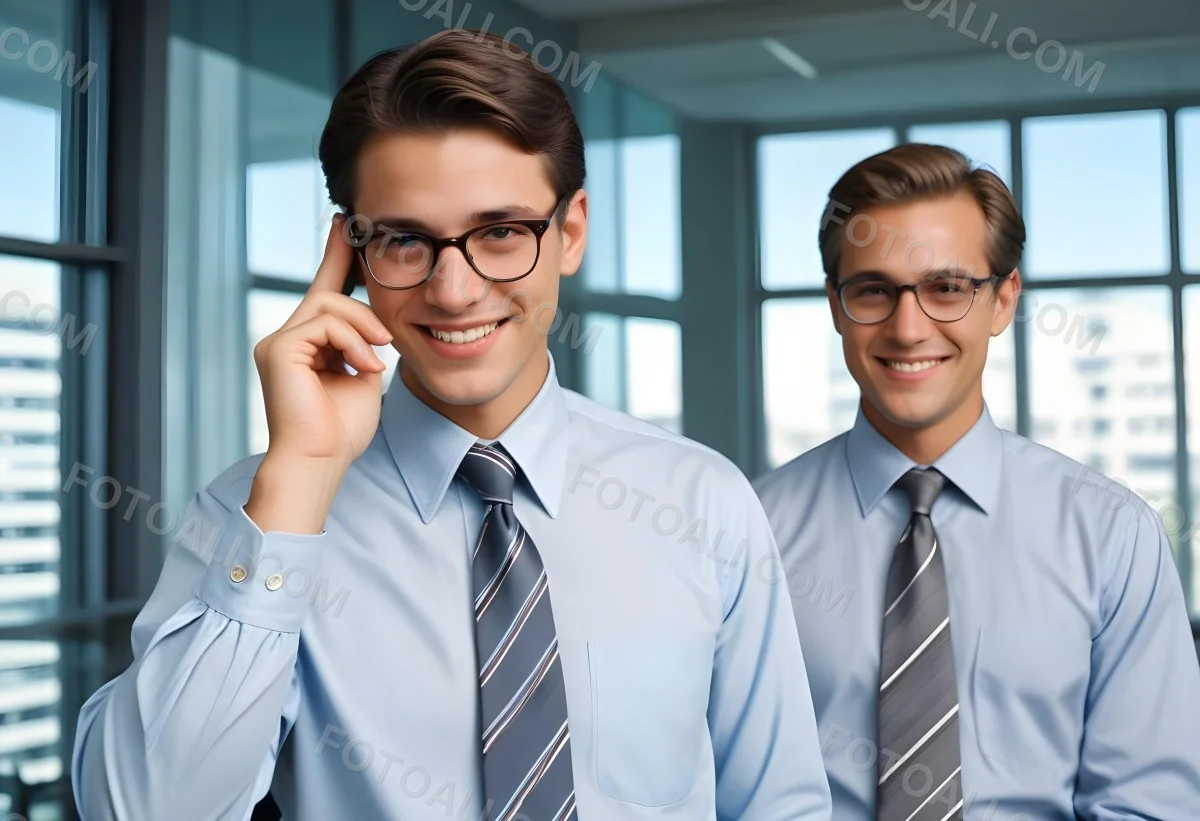 Young Adult Male With Light Skin And Dark Hair Wearing Glasses And A Light Blue Dress Shirt With A Gray Tie Smiling While Adjusting His Glasses An Older Male With Gray Hair Wearing A Light Blue Dress Shirt And A S 7ed7