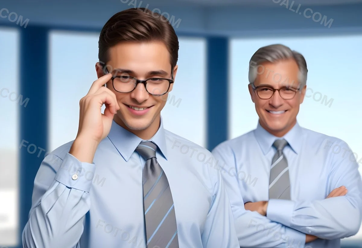 Young Adult Male With Light Skin And Dark Hair Wearing Glasses And A Light Blue Dress Shirt With A Gray Tie Smiling While Adjusting His Glasses An Older Male With Gray Hair Wearing A Light Blue Dress Shirt And A S 8 Acb0