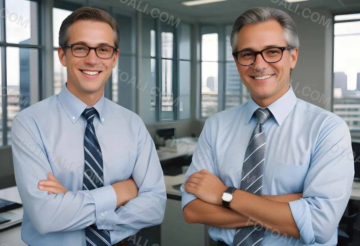 Young Adult Male With Light Skin And Dark Hair Wearing Glasses And A Light Blue Dress Shirt With A Gray Tie Smiling While Adjusting His Glasses An Older Male With Gray Hair Wearing A Light Blue Dress Shirt And A Str 1 C61a