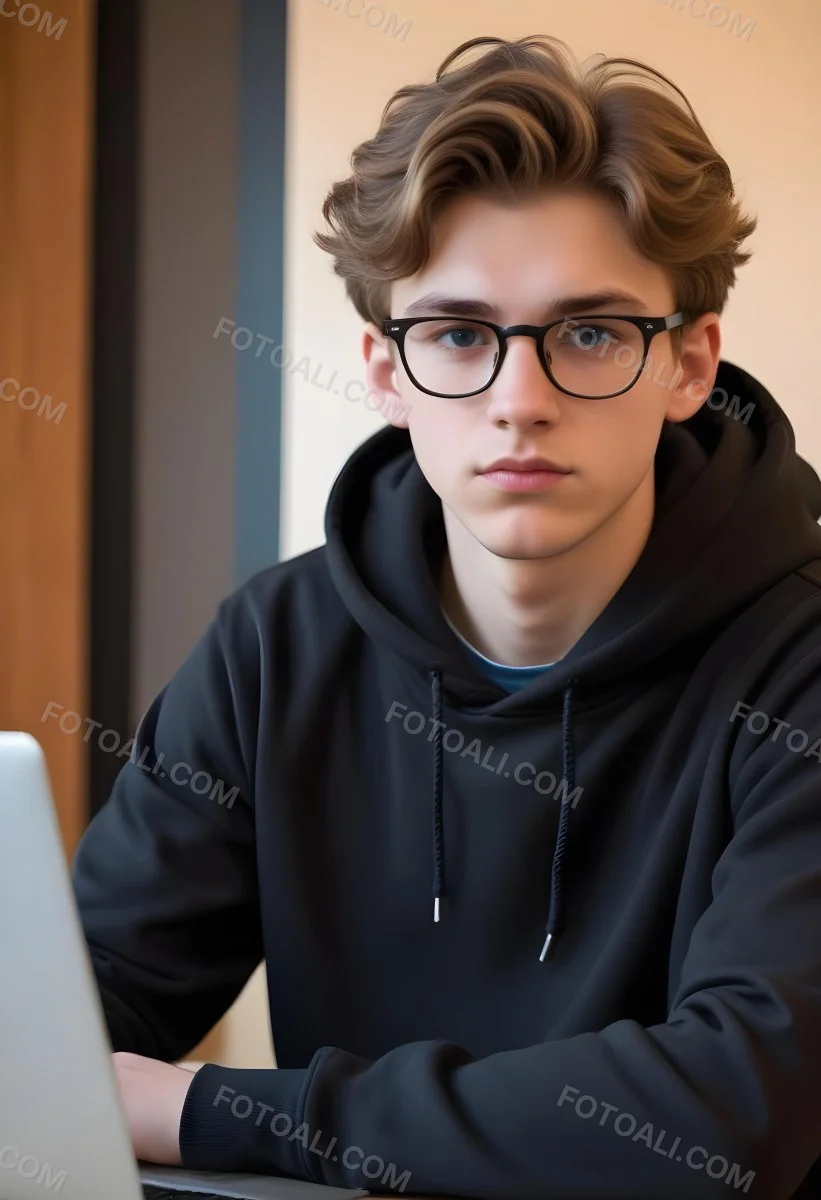 Young Caucasian Male Approximately 18 Years Old With Short Wavy Light Brown Hair And Glasses Wearing A Dark Hoodie Sitting In Front Of A Laptop With A Focused Expression In A Casual Indoor Environment 1 1148
