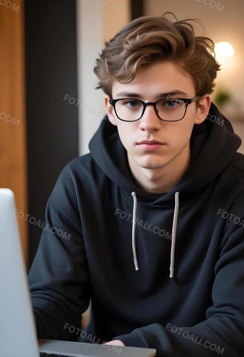 Young Caucasian Male Approximately 18 Years Old With Short Wavy Light Brown Hair And Glasses Wearing A Dark Hoodie Sitting In Front Of A Laptop With A Focused Expression In A Casual Indoor Environment 10 0ca6