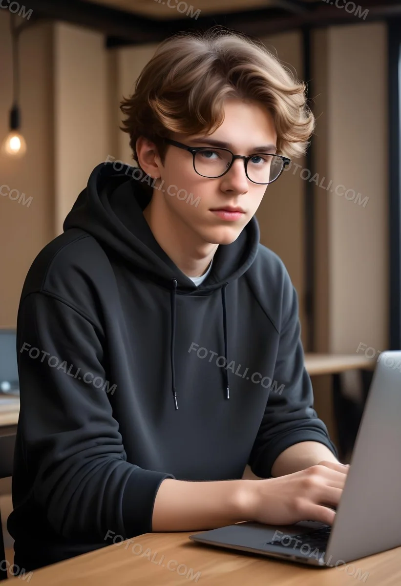 Young Caucasian Male Approximately 18 Years Old With Short Wavy Light Brown Hair And Glasses Wearing A Dark Hoodie Sitting In Front Of A Laptop With A Focused Expression In A Casual Indoor Environment 12 D79c