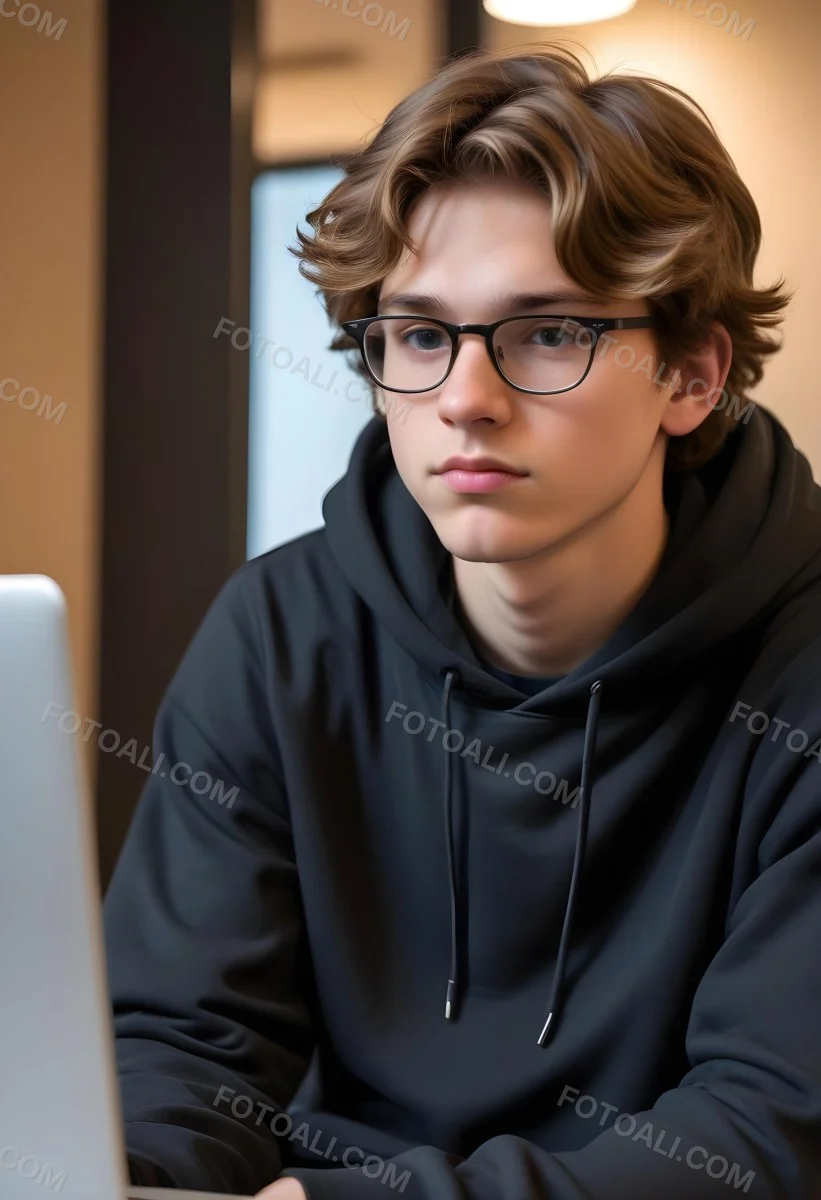 Young Caucasian Male Approximately 18 Years Old With Short Wavy Light Brown Hair And Glasses Wearing A Dark Hoodie Sitting In Front Of A Laptop With A Focused Expression In A Casual Indoor Environment 13 A13e