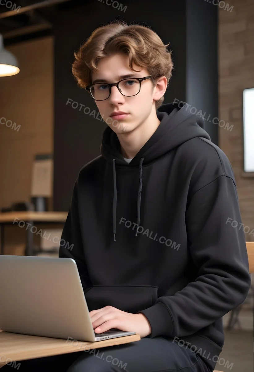 Young Caucasian Male Approximately 18 Years Old With Short Wavy Light Brown Hair And Glasses Wearing A Dark Hoodie Sitting In Front Of A Laptop With A Focused Expression In A Casual Indoor Environment 14 9546