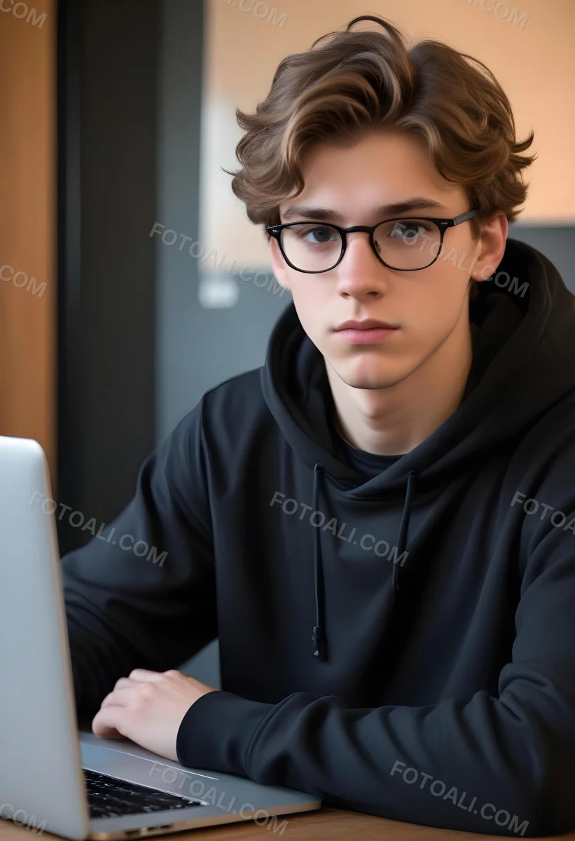 Young Caucasian Male Approximately 18 Years Old With Short Wavy Light Brown Hair And Glasses Wearing A Dark Hoodie Sitting In Front Of A Laptop With A Focused Expression In A Casual Indoor Environment 16 6b33