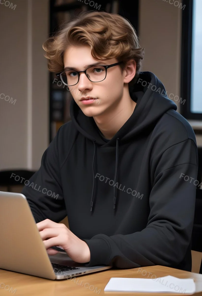 Young Caucasian Male Approximately 18 Years Old With Short Wavy Light Brown Hair And Glasses Wearing A Dark Hoodie Sitting In Front Of A Laptop With A Focused Expression In A Casual Indoor Environment 17 B28b