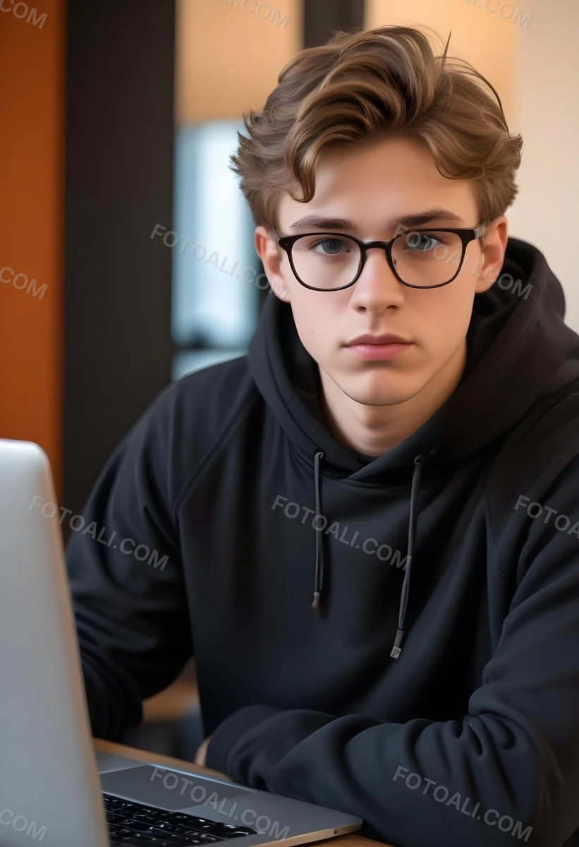 Young Caucasian Male Approximately 18 Years Old With Short Wavy Light Brown Hair And Glasses Wearing A Dark Hoodie Sitting In Front Of A Laptop With A Focused Expression In A Casual Indoor Environment 18 1dc5