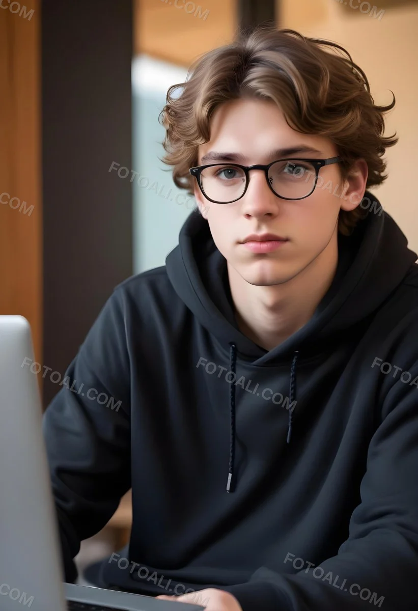 Young Caucasian Male Approximately 18 Years Old With Short Wavy Light Brown Hair And Glasses Wearing A Dark Hoodie Sitting In Front Of A Laptop With A Focused Expression In A Casual Indoor Environment 19 1726