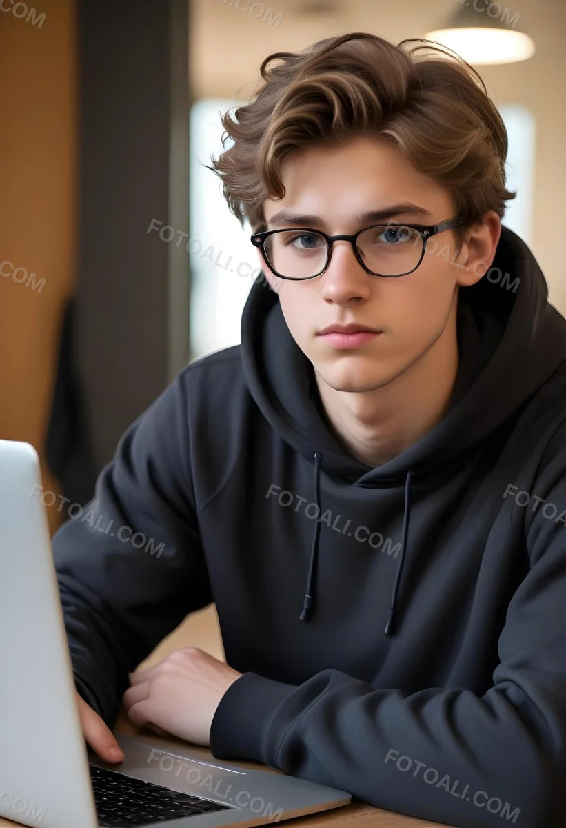 Young Caucasian Male Approximately 18 Years Old With Short Wavy Light Brown Hair And Glasses Wearing A Dark Hoodie Sitting In Front Of A Laptop With A Focused Expression In A Casual Indoor Environment 2 9f87