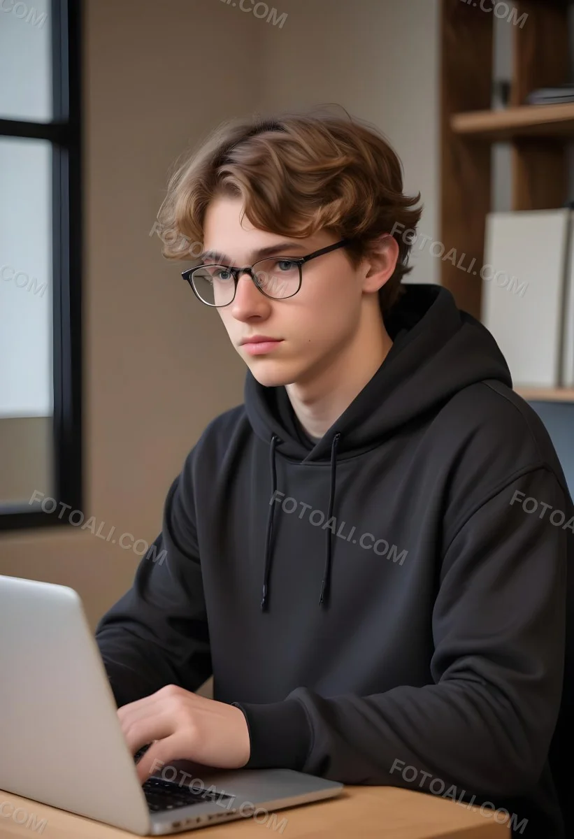 Young Caucasian Male Approximately 18 Years Old With Short Wavy Light Brown Hair And Glasses Wearing A Dark Hoodie Sitting In Front Of A Laptop With A Focused Expression In A Casual Indoor Environment 3 D1b9