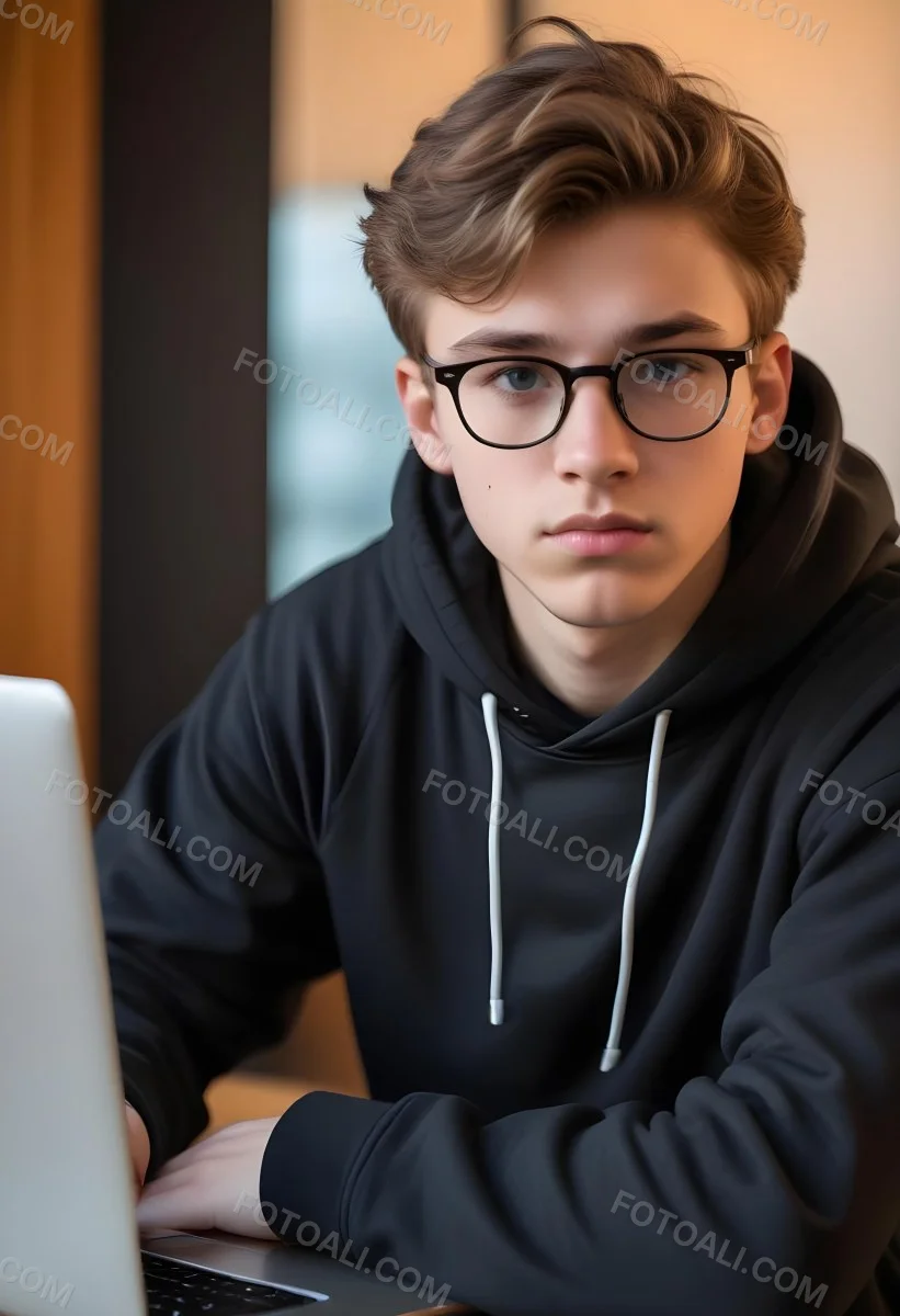 Young Caucasian Male Approximately 18 Years Old With Short Wavy Light Brown Hair And Glasses Wearing A Dark Hoodie Sitting In Front Of A Laptop With A Focused Expression In A Casual Indoor Environment 4 77eb