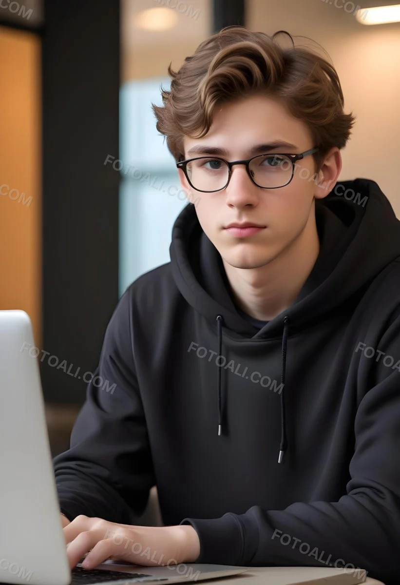 Young Caucasian Male Approximately 18 Years Old With Short Wavy Light Brown Hair And Glasses Wearing A Dark Hoodie Sitting In Front Of A Laptop With A Focused Expression In A Casual Indoor Environment 5 2838