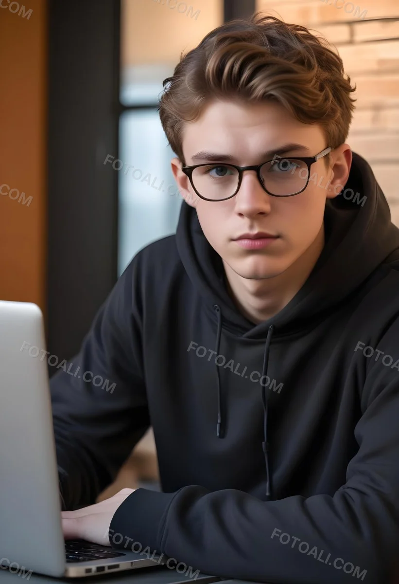 Young Caucasian Male Approximately 18 Years Old With Short Wavy Light Brown Hair And Glasses Wearing A Dark Hoodie Sitting In Front Of A Laptop With A Focused Expression In A Casual Indoor Environment 6 C6cb