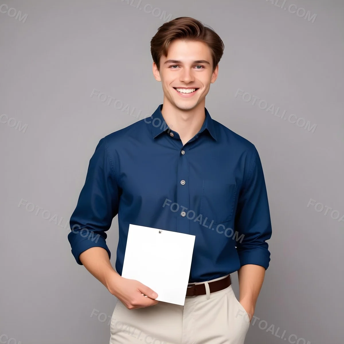 Young Caucasian Male Approximately 20 Years Old With Light Brown Hair Wearing A Dark Blue Button Up Shirt And Beige Pants Smiling While Holding A Blank White Sheet Of Paper In His Right Hand Set Against A Gray Backg 3 C3d9