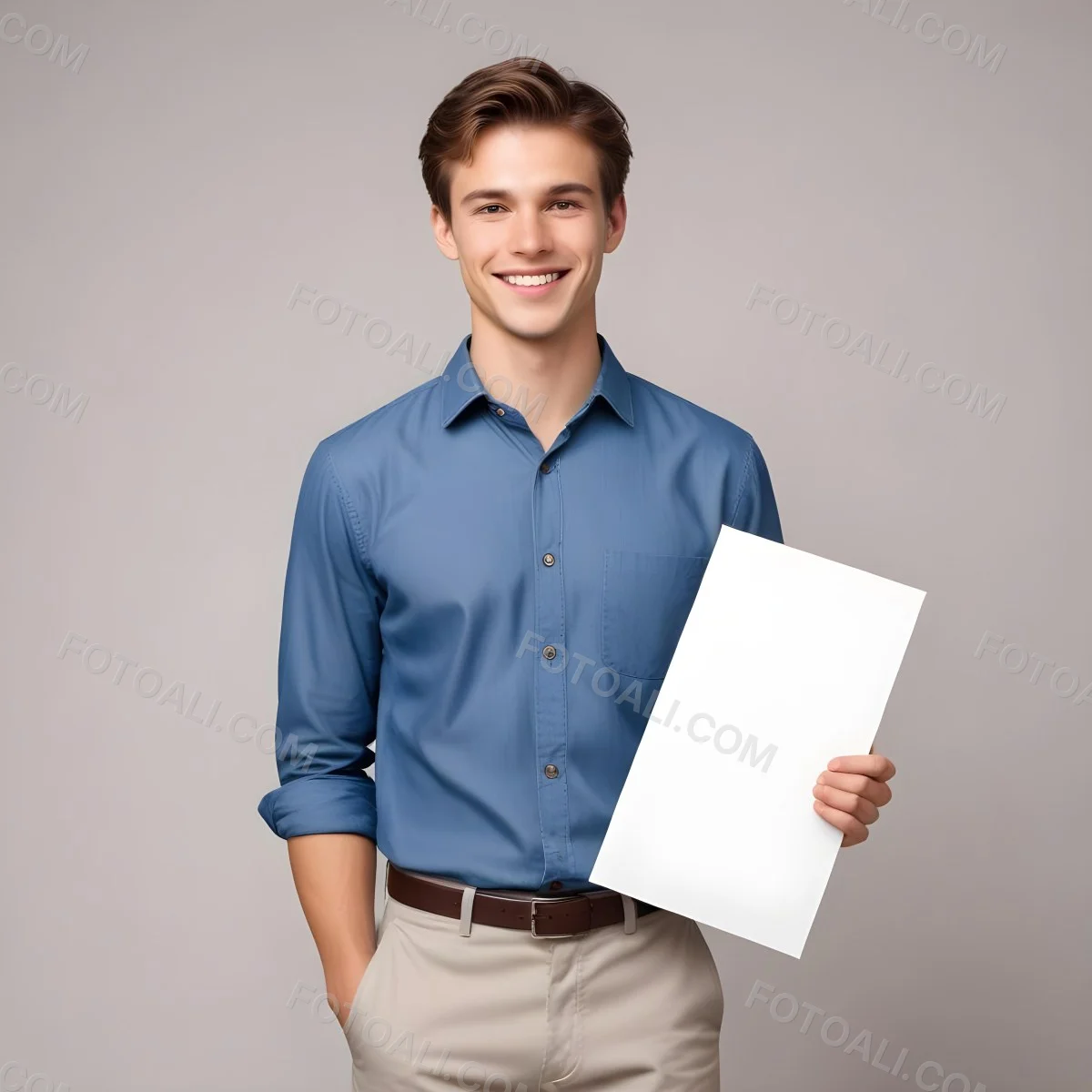 Young Caucasian Male Approximately 20 Years Old With Light Brown Hair Wearing A Dark Blue Button Up Shirt And Beige Pants Smiling While Holding A Blank White Sheet Of Paper In His Right Hand Set Against A Gray Backg 4 70f6
