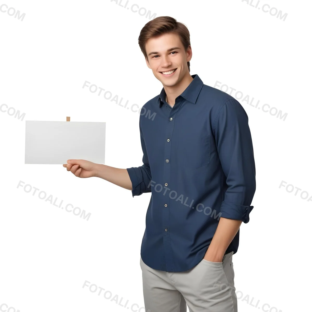 Young Caucasian Male Approximately 20 Years Old With Light Brown Hair Wearing A Dark Blue Button Up Shirt And Beige Pants Smiling While Holding A Blank White Sheet Of Paper In His Right Hand Set Against A Gray Backg 5 Eb92