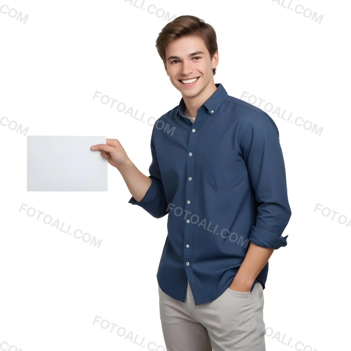 Young Caucasian Male Approximately 20 Years Old With Light Brown Hair Wearing A Dark Blue Button Up Shirt And Beige Pants Smiling While Holding A Blank White Sheet Of Paper In His Right Hand Set Against A Gray Backg 6 1d0d