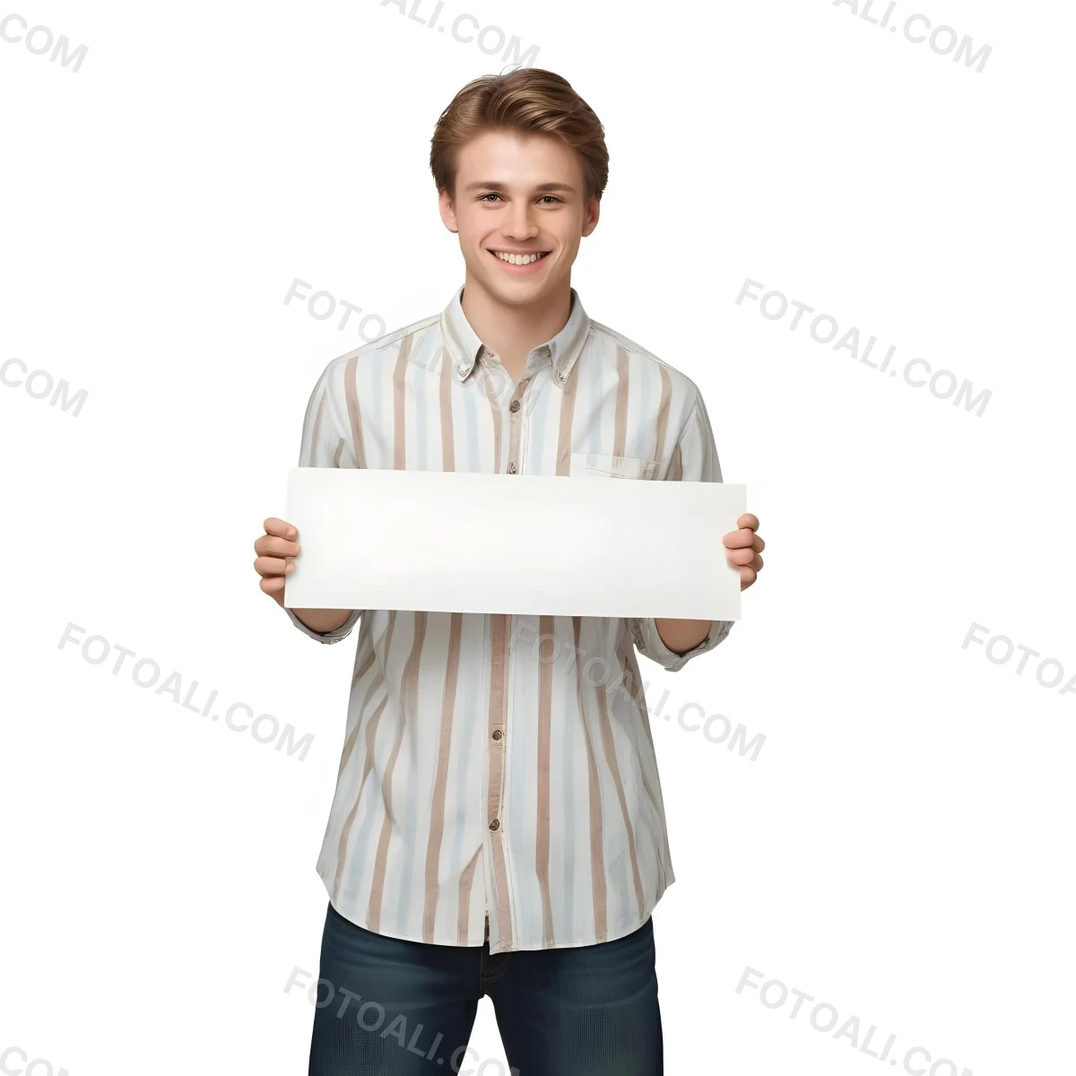 Young Caucasian Male Approximately 25 Years Old With Light Brown Hair Wearing A Striped Button Up Shirt And Dark Jeans Smiling While Holding A Blank White Sign In Front Of Him Against A Plain White Background 1 2785