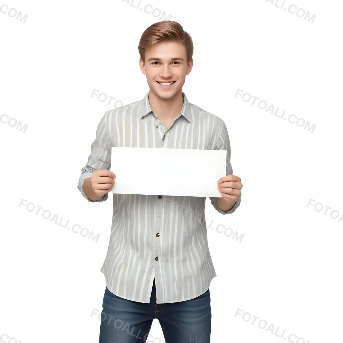 Young Caucasian Male Approximately 25 Years Old With Light Brown Hair Wearing A Striped Button Up Shirt And Dark Jeans Smiling While Holding A Blank White Sign In Front Of Him Against A Plain White Background 11 3872