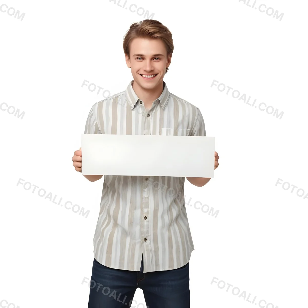Young Caucasian Male Approximately 25 Years Old With Light Brown Hair Wearing A Striped Button Up Shirt And Dark Jeans Smiling While Holding A Blank White Sign In Front Of Him Against A Plain White Background 13 677f
