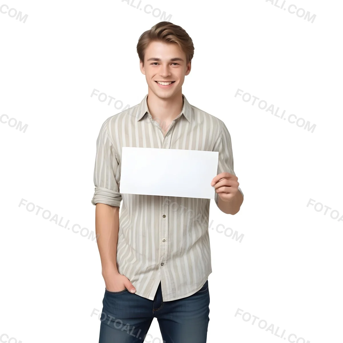 Young Caucasian Male Approximately 25 Years Old With Light Brown Hair Wearing A Striped Button Up Shirt And Dark Jeans Smiling While Holding A Blank White Sign In Front Of Him Against A Plain White Background 16 Ae65