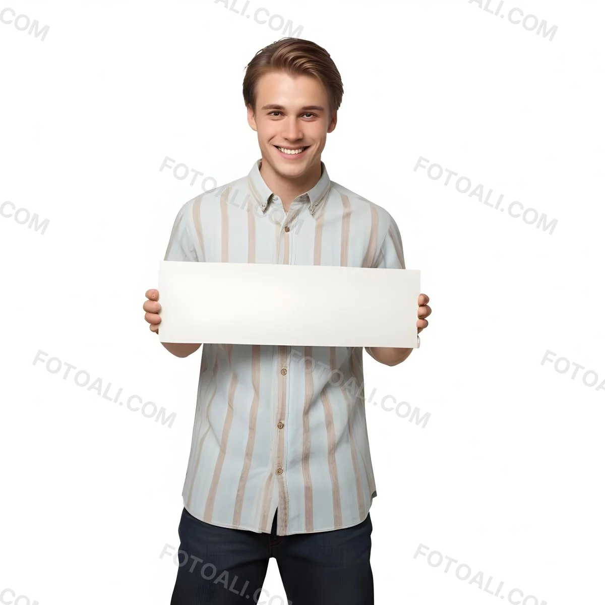 Young Caucasian Male Approximately 25 Years Old With Light Brown Hair Wearing A Striped Button Up Shirt And Dark Jeans Smiling While Holding A Blank White Sign In Front Of Him Against A Plain White Background 3 Edf9