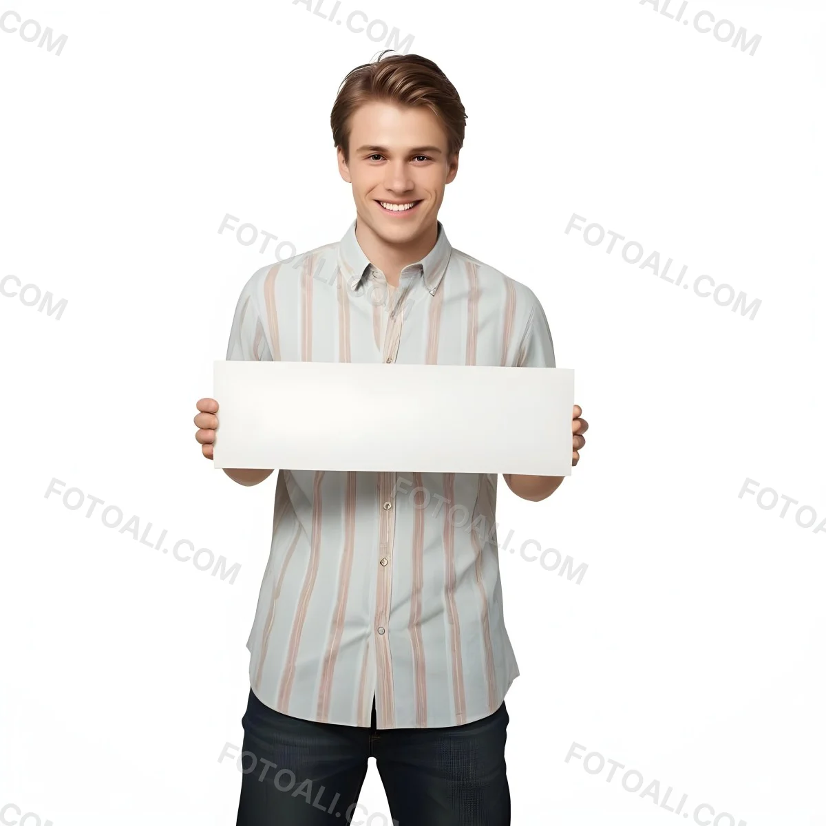 Young Caucasian Male Approximately 25 Years Old With Light Brown Hair Wearing A Striped Button Up Shirt And Dark Jeans Smiling While Holding A Blank White Sign In Front Of Him Against A Plain White Background 4 1656