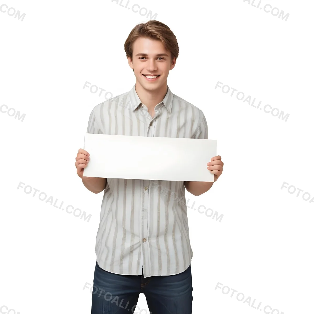 Young Caucasian Male Approximately 25 Years Old With Light Brown Hair Wearing A Striped Button Up Shirt And Dark Jeans Smiling While Holding A Blank White Sign In Front Of Him Against A Plain White Background 5 5b7e
