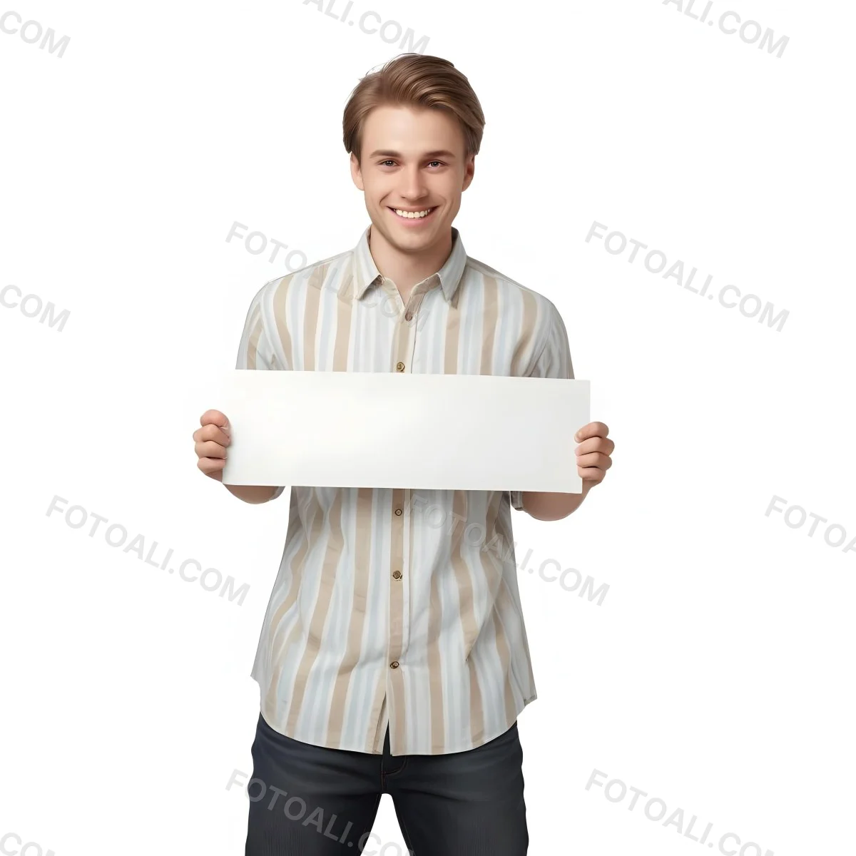 Young Caucasian Male Approximately 25 Years Old With Light Brown Hair Wearing A Striped Button Up Shirt And Dark Jeans Smiling While Holding A Blank White Sign In Front Of Him Against A Plain White Background 9 D37f