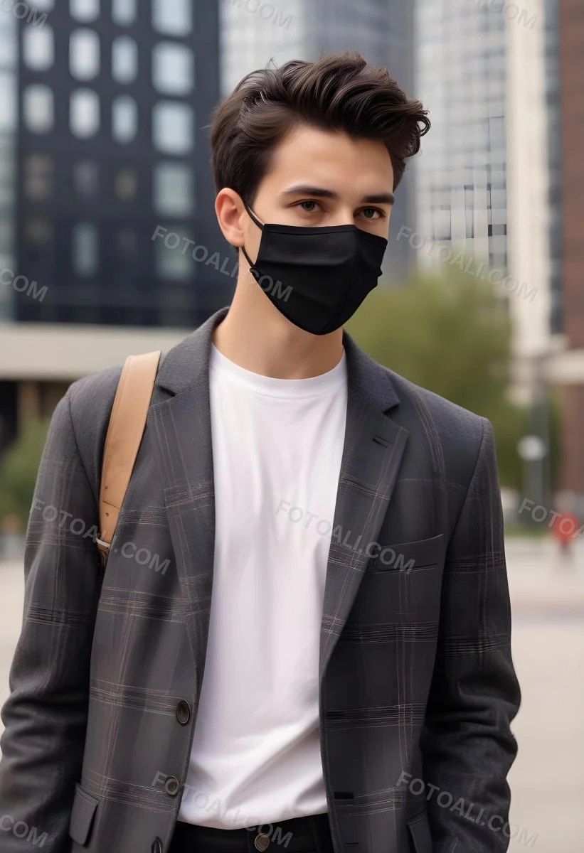 Young Caucasian Male Approximately 25 Years Old With Short Black Hair Wearing A Black Face Mask And A Dark Plaid Blazer Over A White T Shirt He Is Holding A Brown Shoulder Strap With One Hand While Looking To The Side T 1 23fb