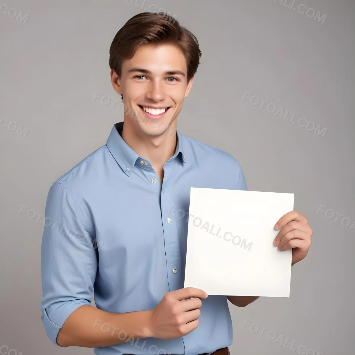 Young Caucasian Male Approximately 25 Years Old With Short Brown Hair Wearing A Blue Button Up Shirt And Light Gray Pants Smiling While Holding A Blank Gray Sign In His Left Hand The Background Is Plain White 1 Bed6