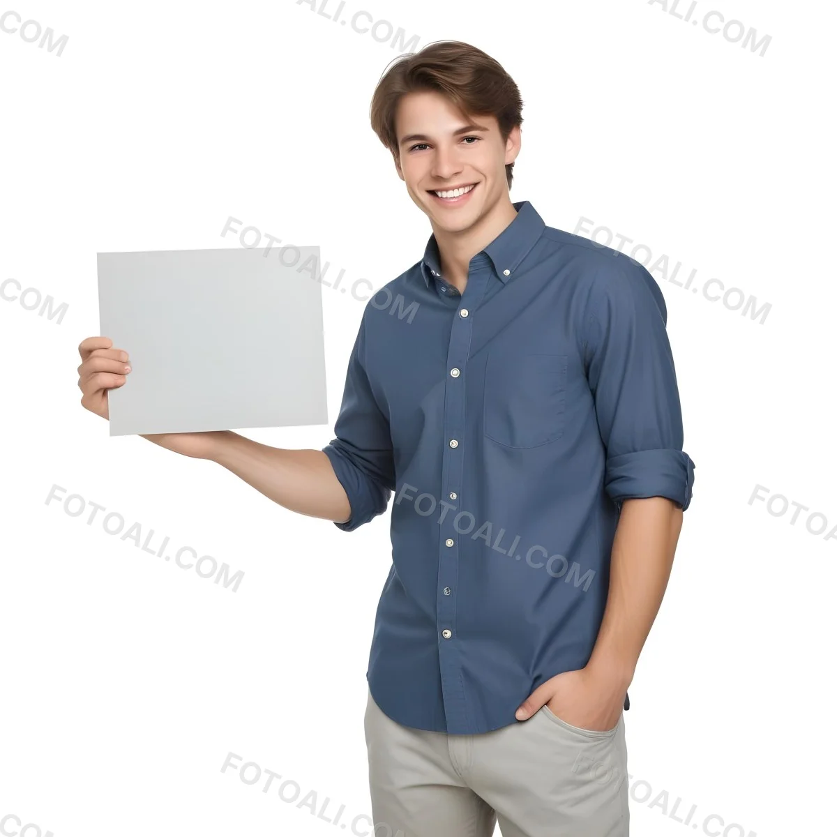 Young Caucasian Male Approximately 25 Years Old With Short Brown Hair Wearing A Blue Button Up Shirt And Light Gray Pants Smiling While Holding A Blank Gray Sign In His Left Hand The Background Is Plain White 2 050f