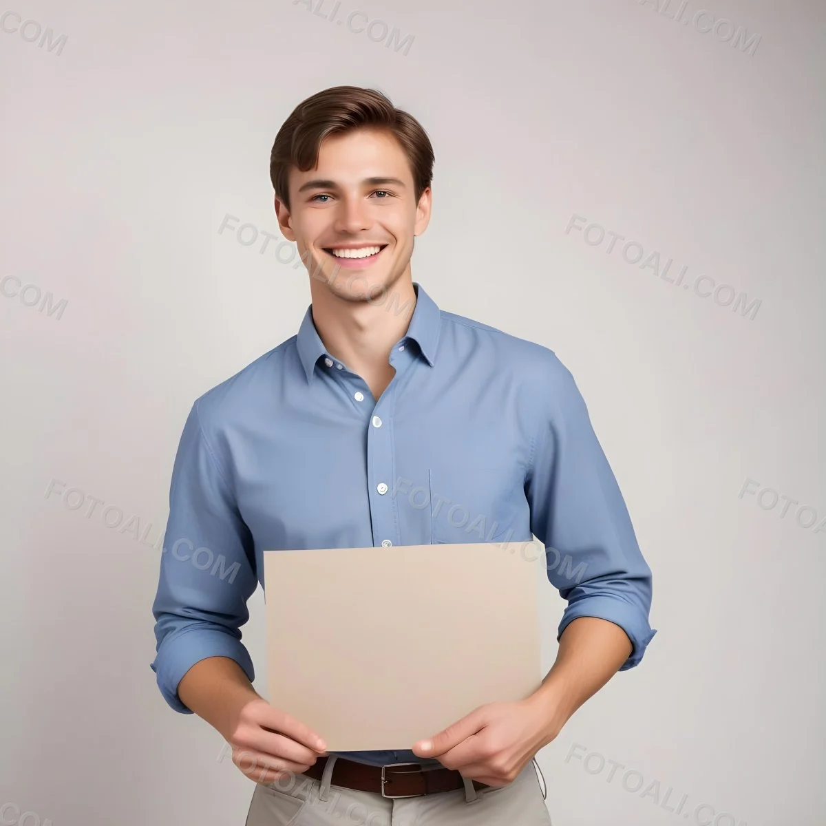 Young Caucasian Male Approximately 25 Years Old With Short Brown Hair Wearing A Blue Button Up Shirt And Light Gray Pants Smiling While Holding A Blank Gray Sign In His Left Hand The Background Is Plain White 4 92cc