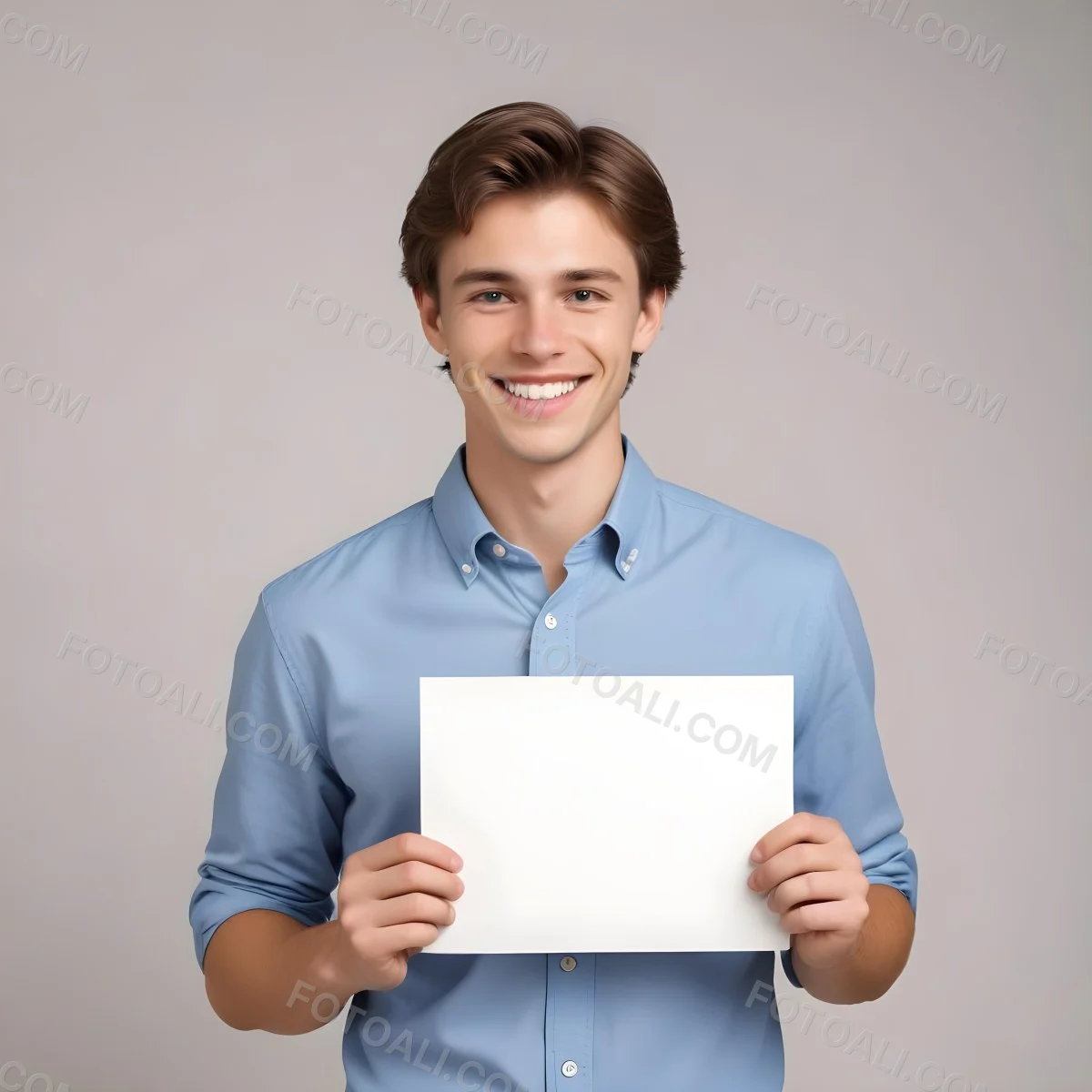 Young Caucasian Male Approximately 25 Years Old With Short Brown Hair Wearing A Blue Button Up Shirt And Light Gray Pants Smiling While Holding A Blank Gray Sign In His Left Hand The Background Is Plain White 5 6637