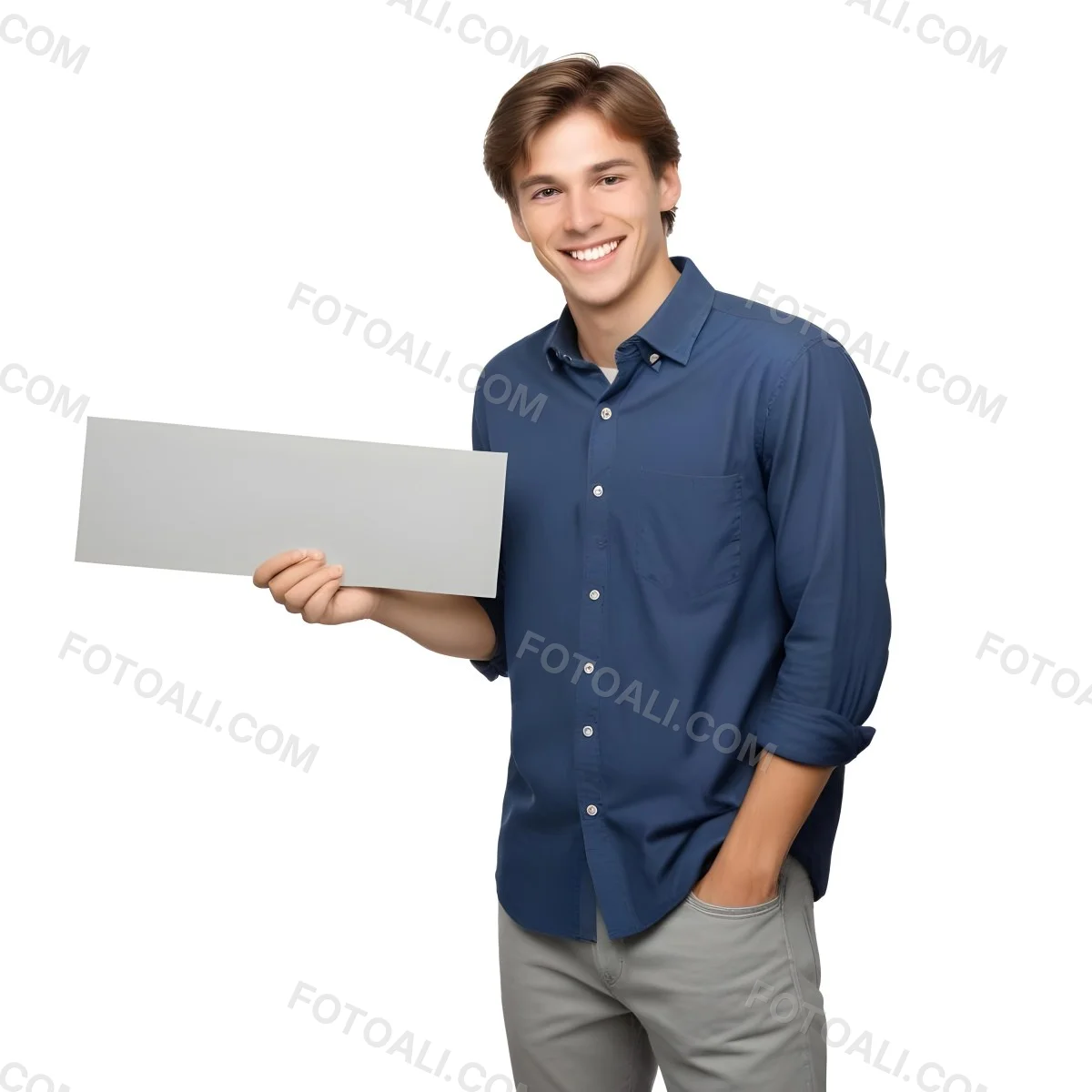 Young Caucasian Male Approximately 25 Years Old With Short Brown Hair Wearing A Blue Button Up Shirt And Light Gray Pants Smiling While Holding A Blank Gray Sign In His Left Hand The Background Is Plain White 6 3984