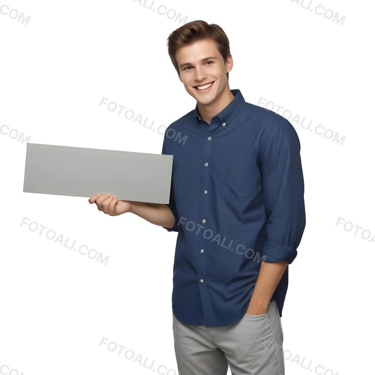 Young Caucasian Male Approximately 25 Years Old With Short Brown Hair Wearing A Blue Button Up Shirt And Light Gray Pants Smiling While Holding A Blank Gray Sign In His Left Hand The Background Is Plain White 7 B43e