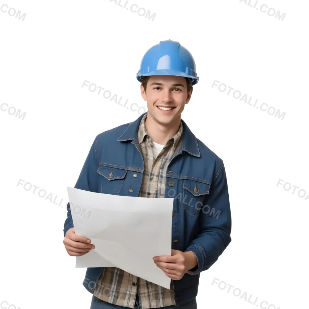 Young Caucasian Male Approximately 25 Years Old With Short Brown Hair Wearing A Blue Hard Hat And A Denim Jacket Over A Plaid Shirt Holding Blueprints In His Hands Smiling Against A Plain White Background 12 Cb15