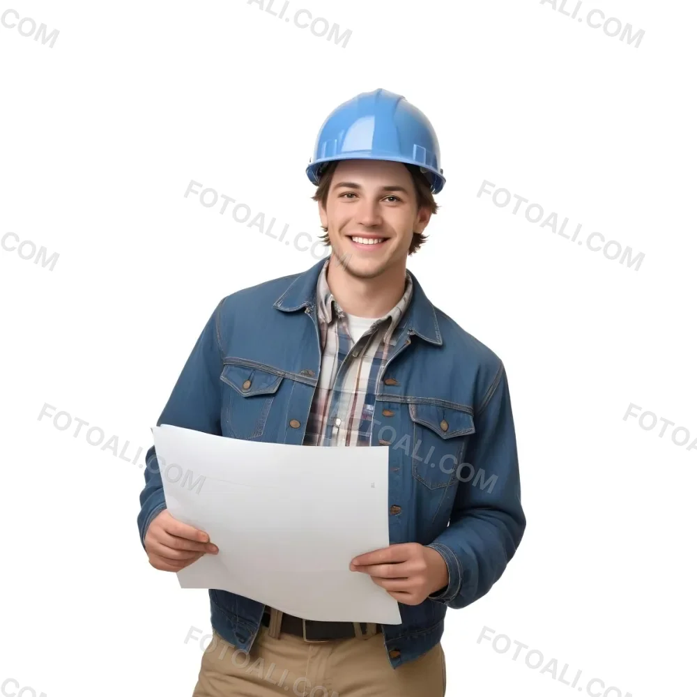 Young Caucasian Male Approximately 25 Years Old With Short Brown Hair Wearing A Blue Hard Hat And A Denim Jacket Over A Plaid Shirt Holding Blueprints In His Hands Smiling Against A Plain White Background 14 1e21