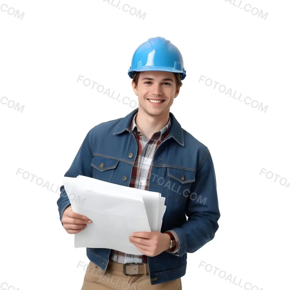 Young Caucasian Male Approximately 25 Years Old With Short Brown Hair Wearing A Blue Hard Hat And A Denim Jacket Over A Plaid Shirt Holding Blueprints In His Hands Smiling Against A Plain White Background 15 7f38