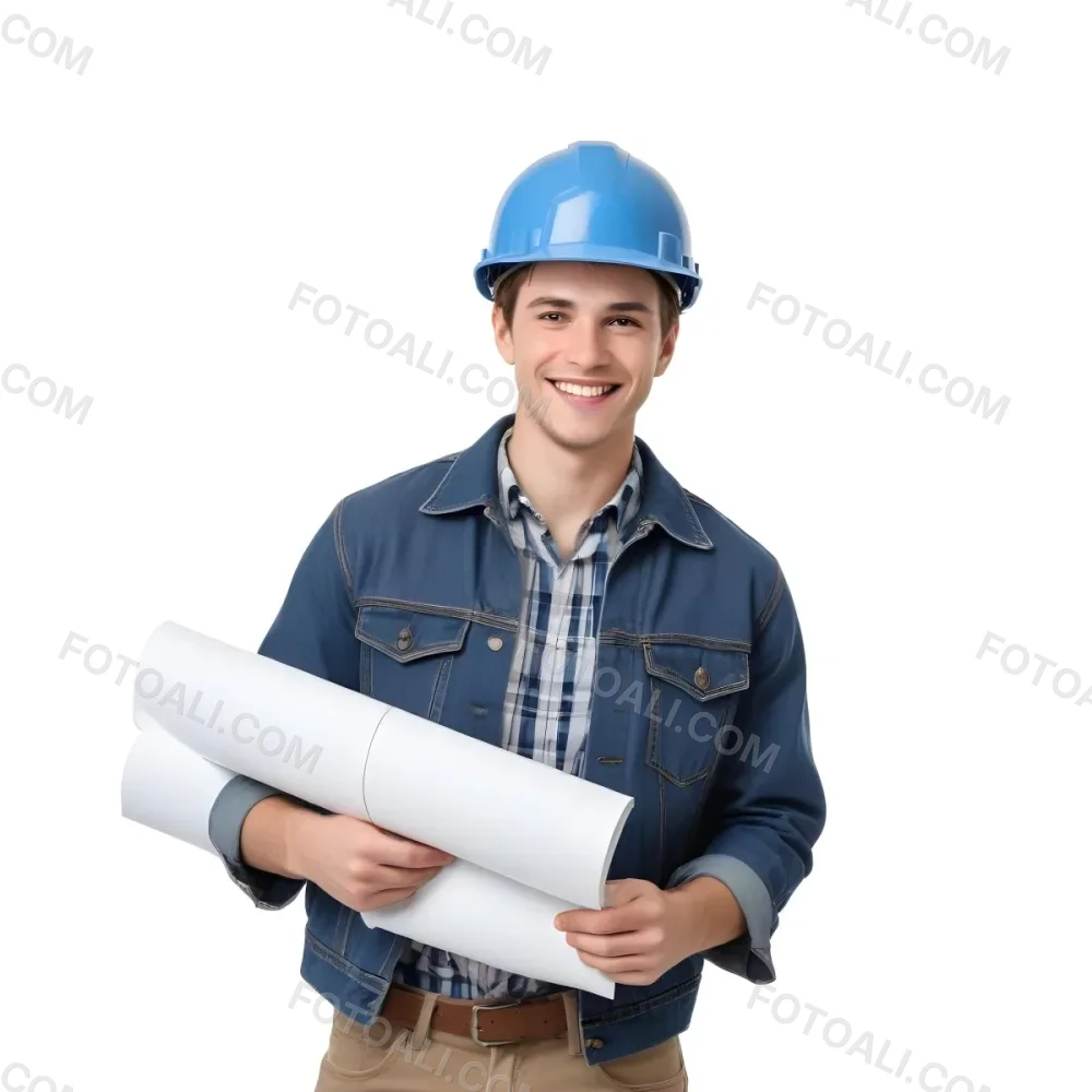 Young Caucasian Male Approximately 25 Years Old With Short Brown Hair Wearing A Blue Hard Hat And A Denim Jacket Over A Plaid Shirt Holding Blueprints In His Hands Smiling Against A Plain White Background 2 Ec26