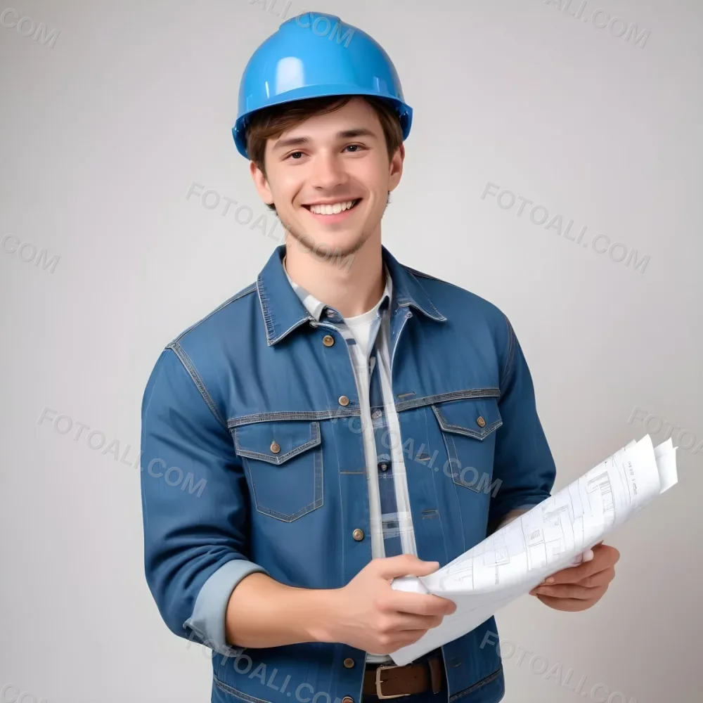 Young Caucasian Male Approximately 25 Years Old With Short Brown Hair Wearing A Blue Hard Hat And A Denim Jacket Over A Plaid Shirt Holding Blueprints In His Hands Smiling Against A Plain White Background 3 Ede6