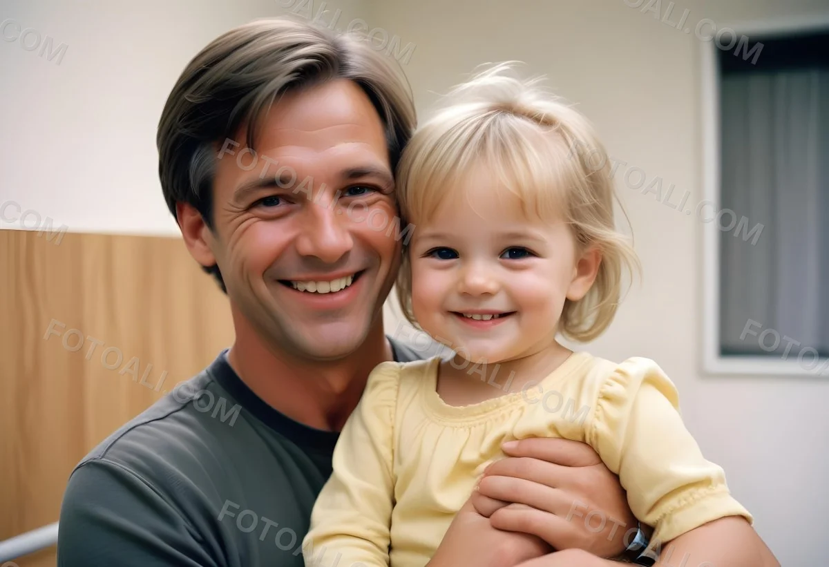 Young Caucasian Man With Short Blonde Hair And A Friendly Smile Holding A Young Blonde Toddler Girl Who Is Also Smiling In A Sunny Park 107 8c42