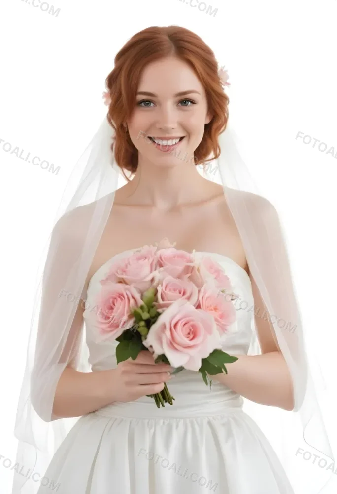 Young Caucasian Woman Approximately 25 Years Old With Wavy Shoulder Length Auburn Hair Wearing A Strapless White Wedding Dress And A Veil She Is Smiling And Holding A Bouquet Of Pink Flowers With Greenery The Backg 3 4ee0