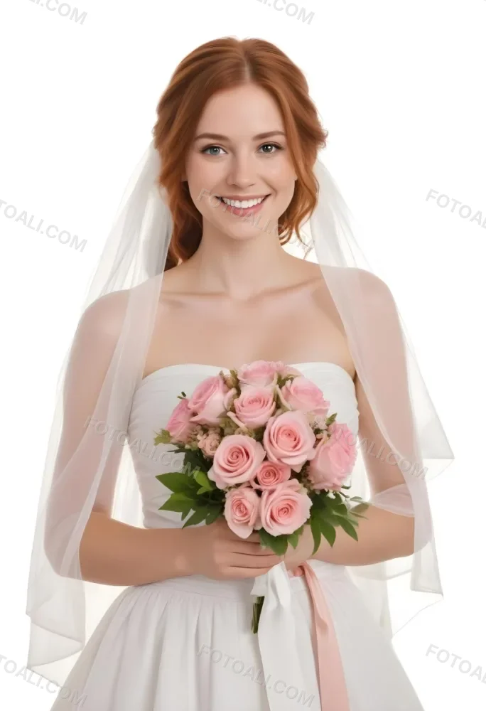 Young Caucasian Woman Approximately 25 Years Old With Wavy Shoulder Length Auburn Hair Wearing A Strapless White Wedding Dress And A Veil She Is Smiling And Holding A Bouquet Of Pink Flowers With Greenery The Backg 4489