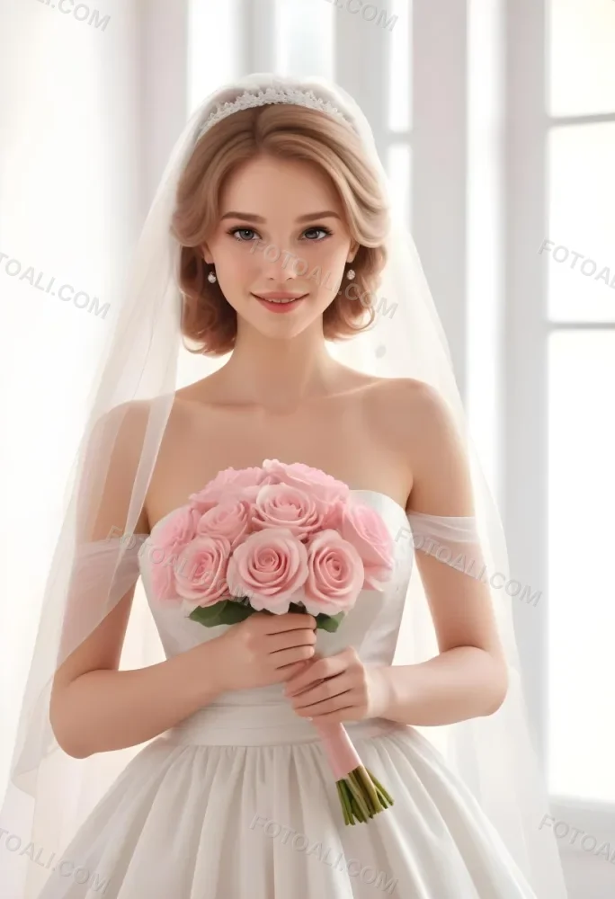Young Caucasian Woman In Her 20s With Light Brown Hair Wearing A Strapless White Wedding Dress And A Veil Holding A Bouquet Of Pink Flowers The Background Is Bright And Softly Lit 1 Ed0e