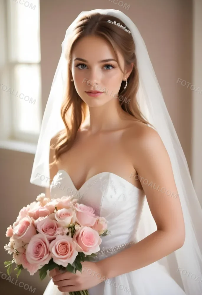 Young Caucasian Woman In Her 20s With Light Brown Hair Wearing A Strapless White Wedding Dress And A Veil Holding A Bouquet Of Pink Flowers The Background Is Bright And Softly Lit 10 573d