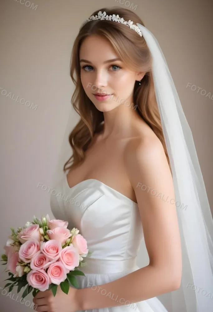 Young Caucasian Woman In Her 20s With Light Brown Hair Wearing A Strapless White Wedding Dress And A Veil Holding A Bouquet Of Pink Flowers The Background Is Bright And Softly Lit 11 Ec46