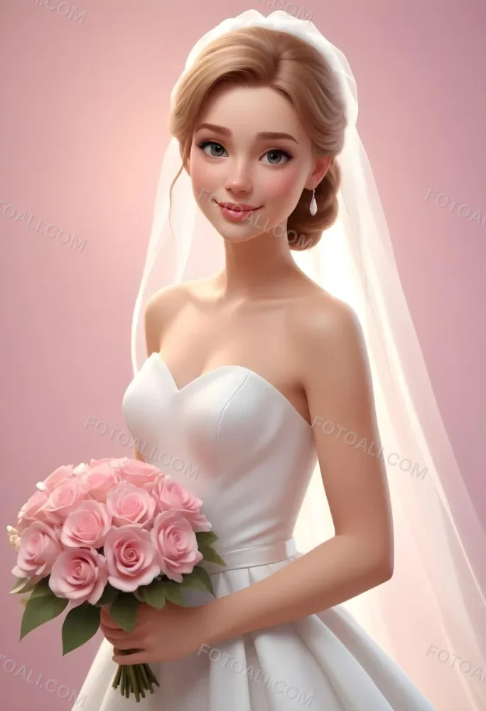 Young Caucasian Woman In Her 20s With Light Brown Hair Wearing A Strapless White Wedding Dress And A Veil Holding A Bouquet Of Pink Flowers The Background Is Bright And Softly Lit 2 5be3